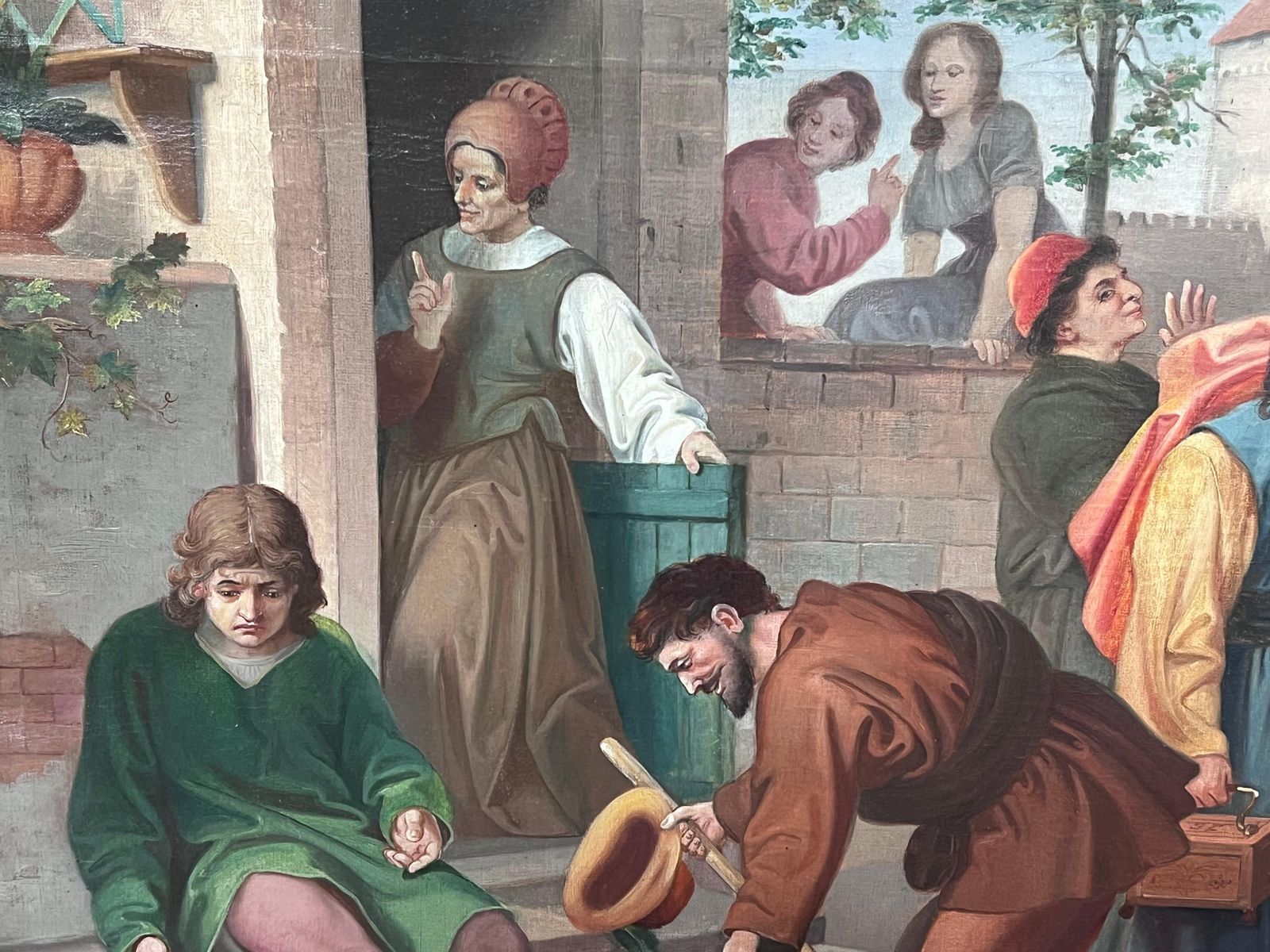 French School19th Century French Theatrical Oil Painting Merchants Outside City Building19th Century photo buy