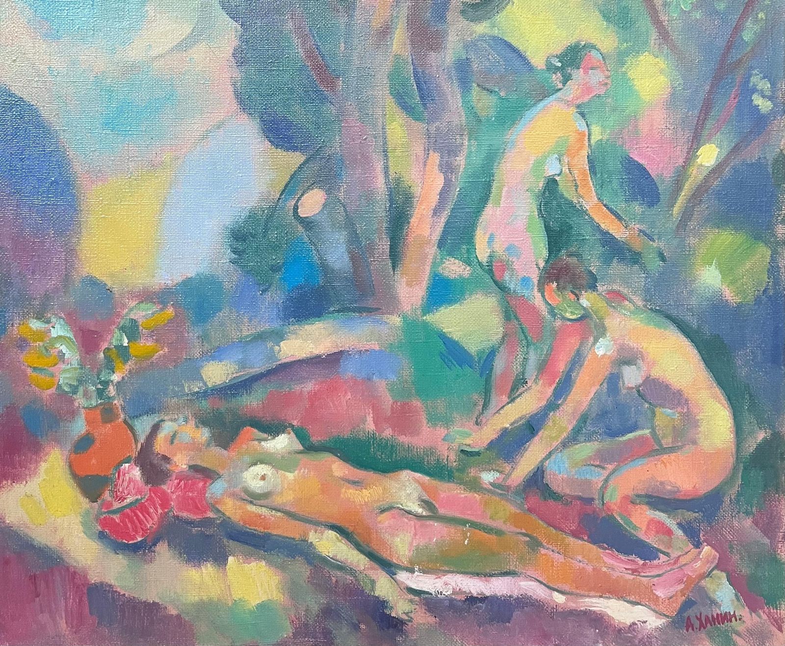Alexander Khaninlarge Russian Post Impressionist Signed Oil Painting Nude Bathers In Woodland1998