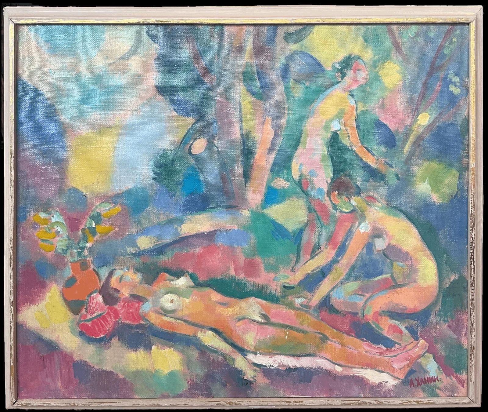 Alexander Khaninlarge Russian Post Impressionist Signed Oil Painting Nude Bathers In Woodland1998 photo furniture
