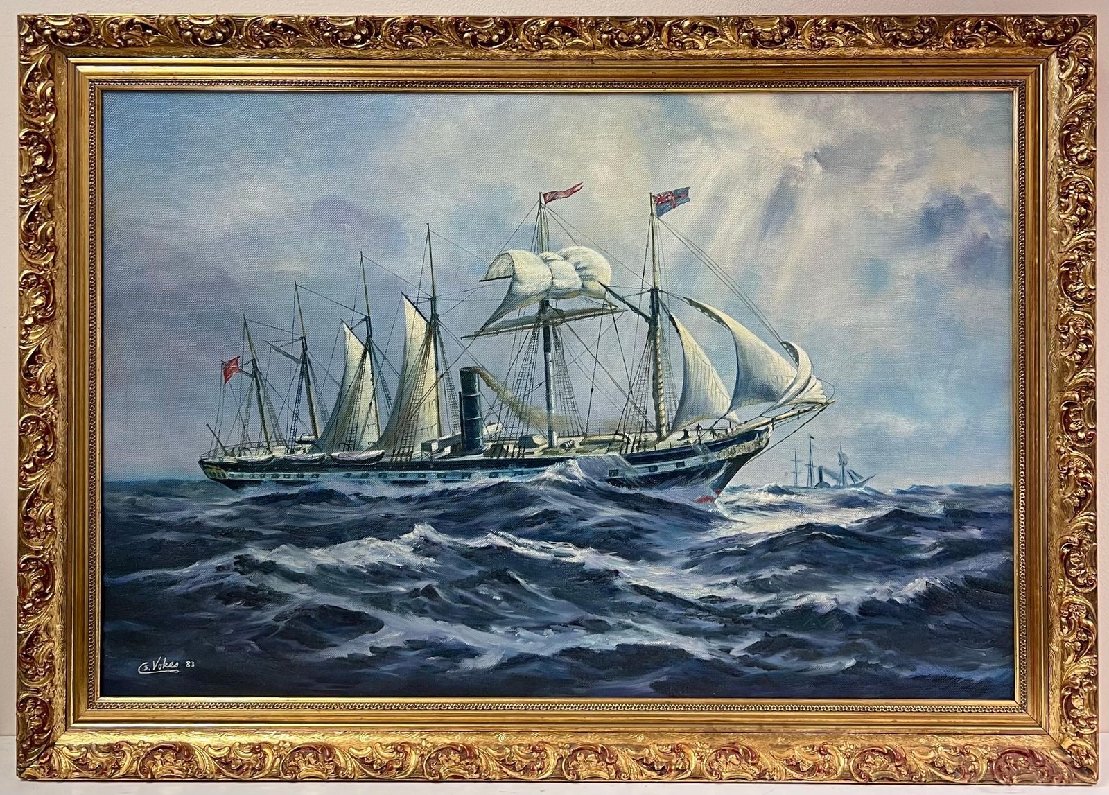 European Artistlarge Classic Marine Signed Oil Painting Sailing Ship On Choppy Seas Gilt Framed