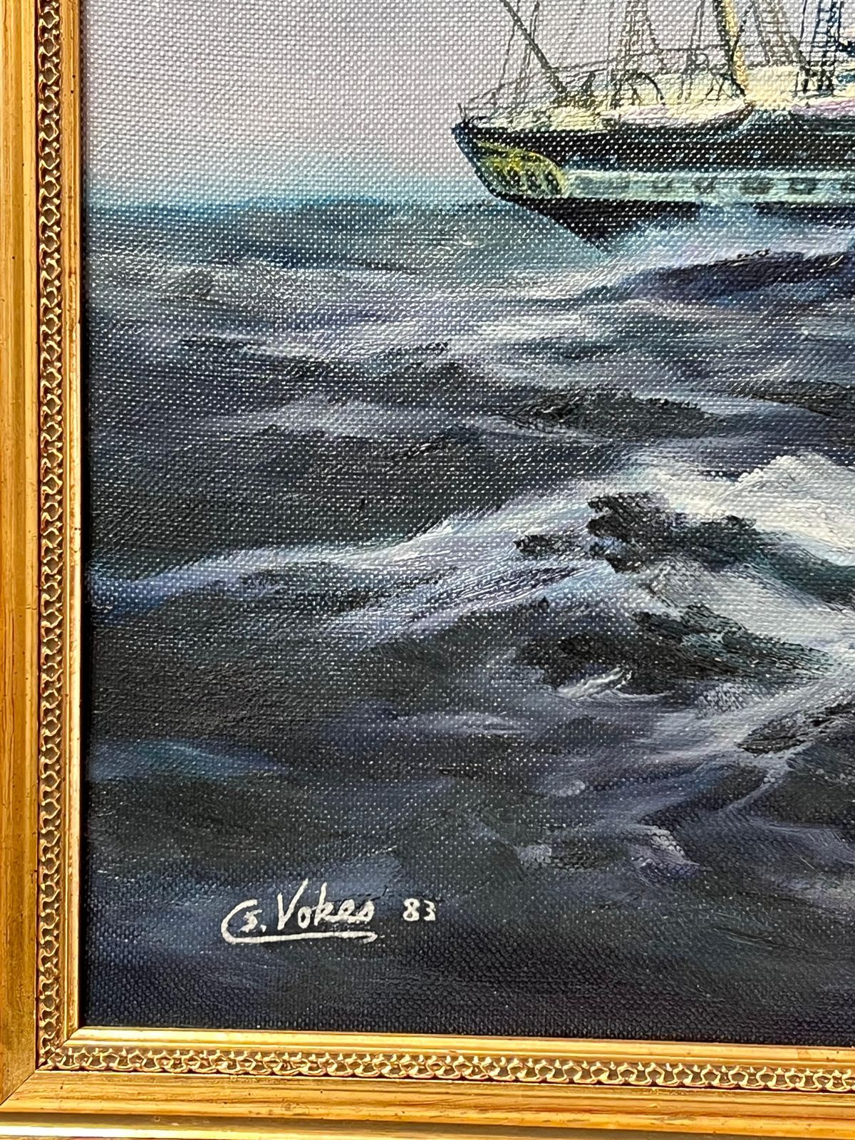 European Artistlarge Classic Marine Signed Oil Painting Sailing Ship On Choppy Seas Gilt Framed photo Art