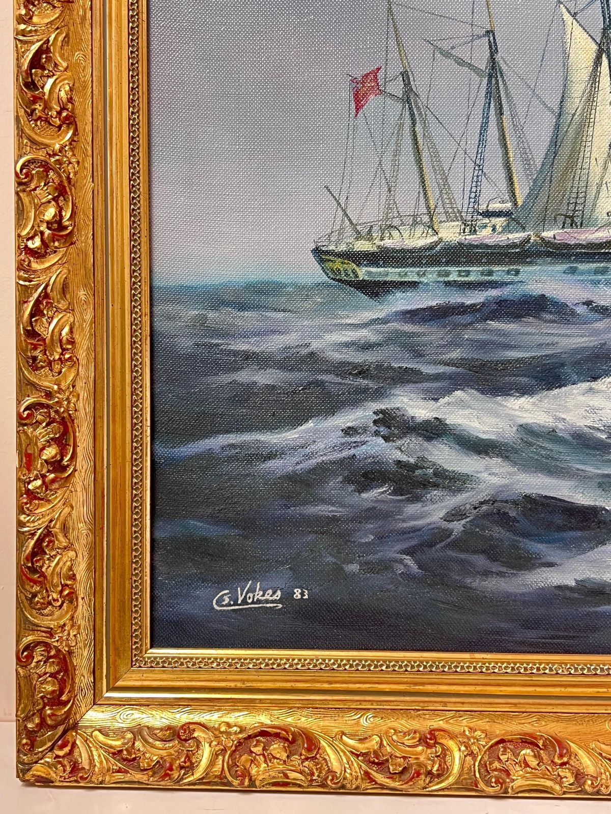European Artistlarge Classic Marine Signed Oil Painting Sailing Ship On Choppy Seas Gilt Framed photo 1173.0
