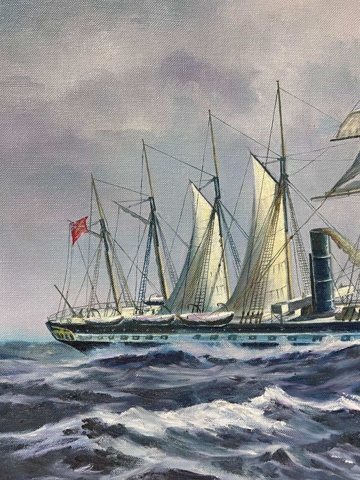 European Artistlarge Classic Marine Signed Oil Painting Sailing Ship On Choppy Seas Gilt Framed photo vinterior