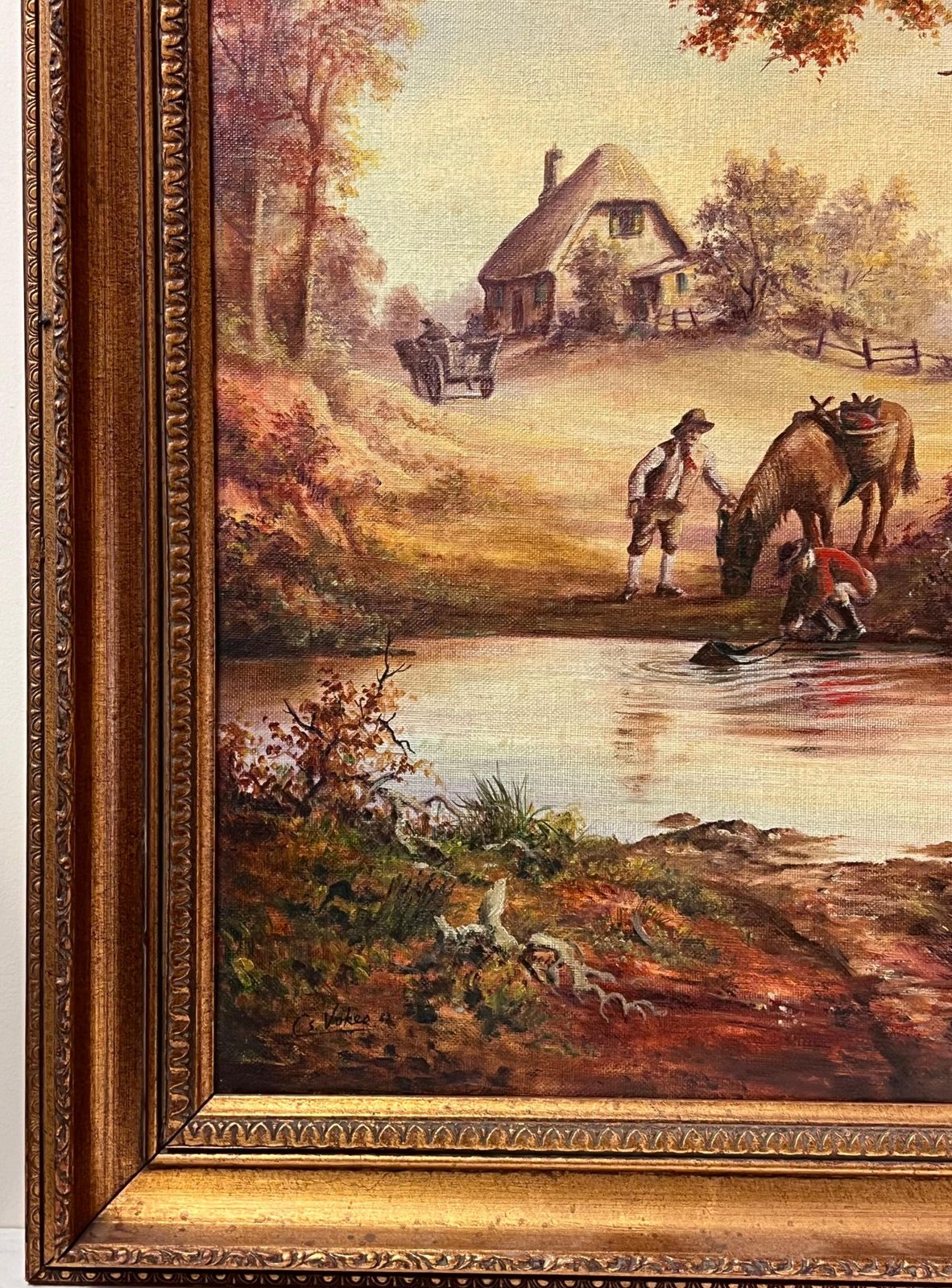 European Artisttraditional English Rural Country Scene Horse Drinking From Pool With Figures photo for sale