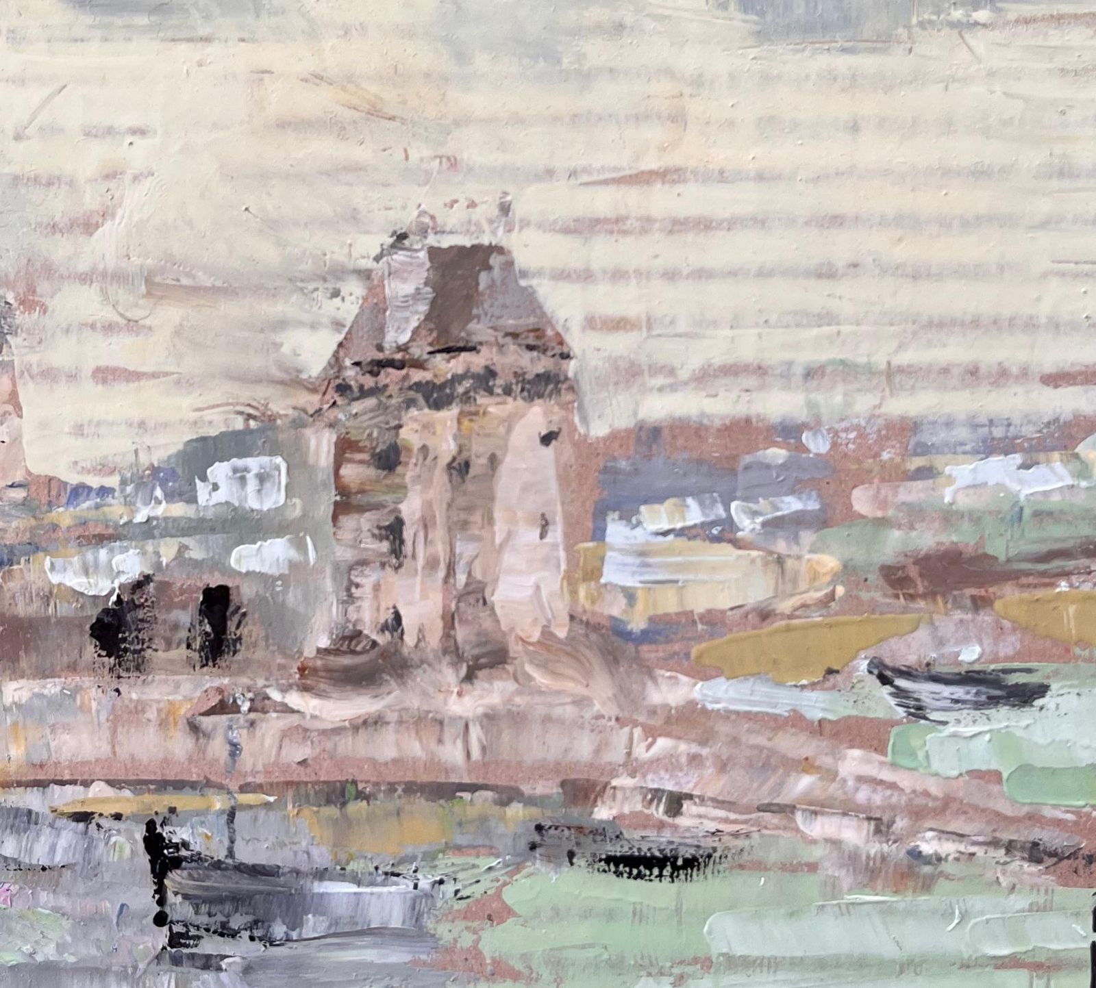 Fanch Lelimpressionist Coastal Village With Boats And Tower In Muted Pastel Palette photo buy