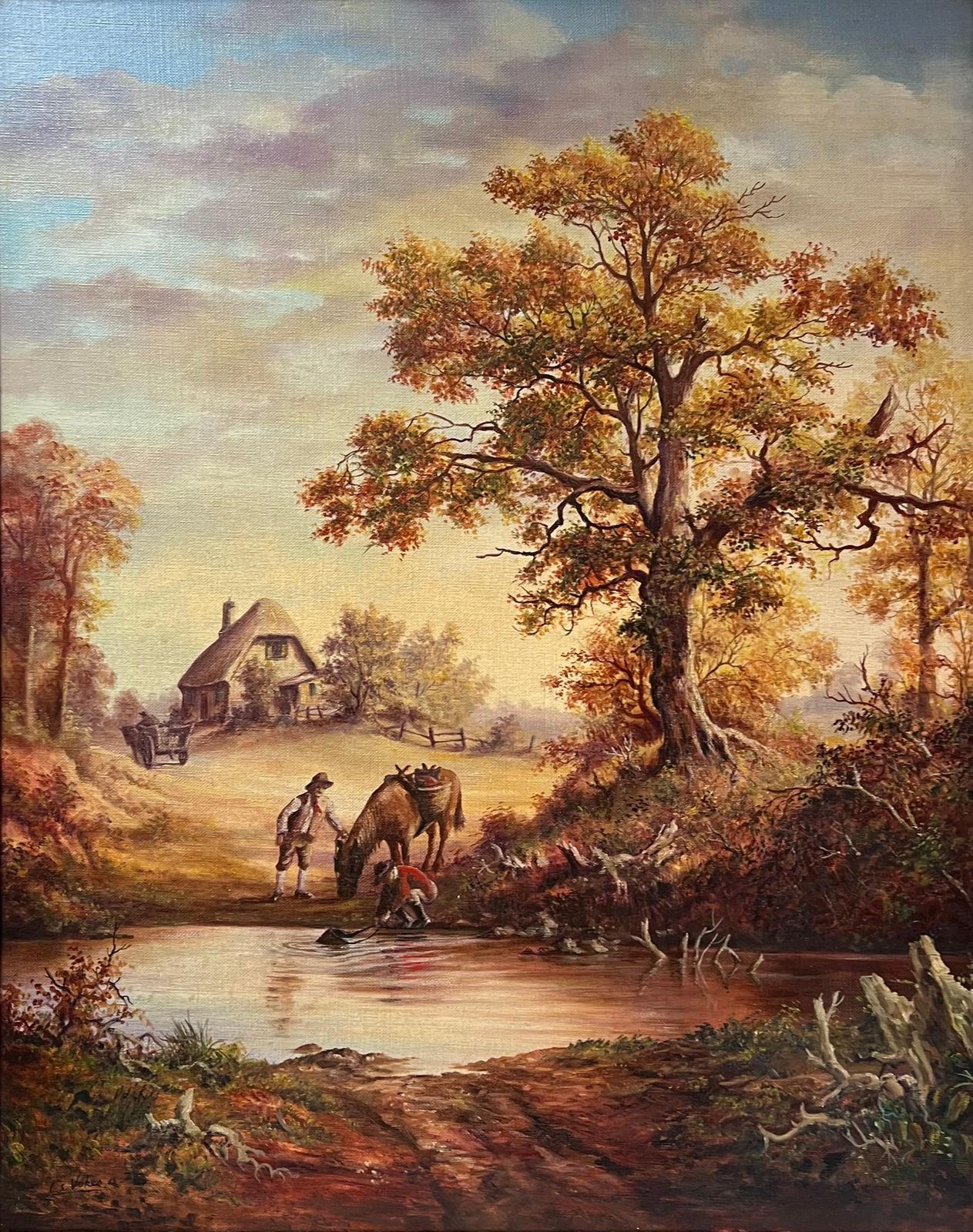 European Artisttraditional English Rural Country Scene Horse Drinking From Pool With Figures photo vinterior