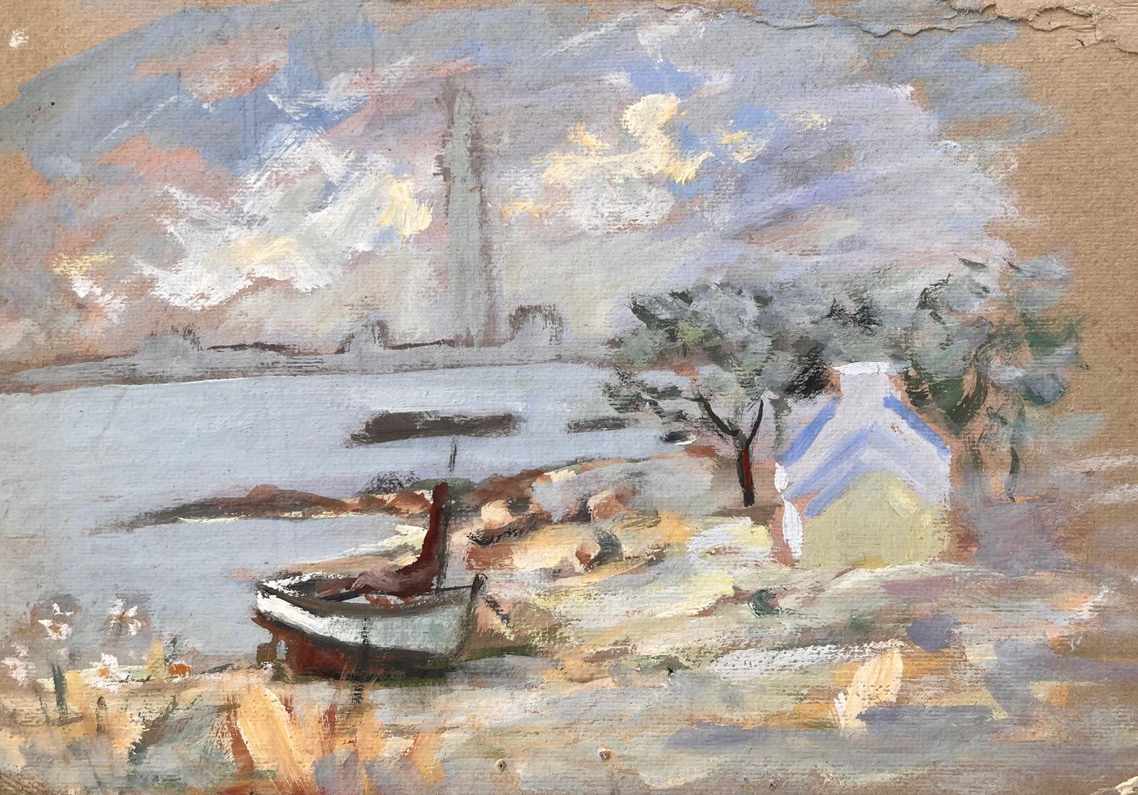 Fanch Lelimpressionist Coastal Landscape With Boat Cottage Trees And Sunset Sky