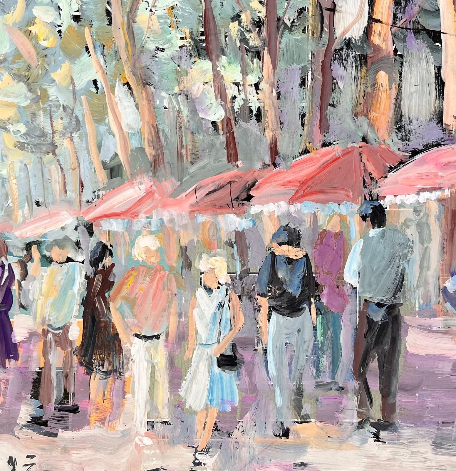 Fanch Lelimpressionist Outdoor Café Scene With Figures Trees And Red Umbrellas In Summer1993 photo buy