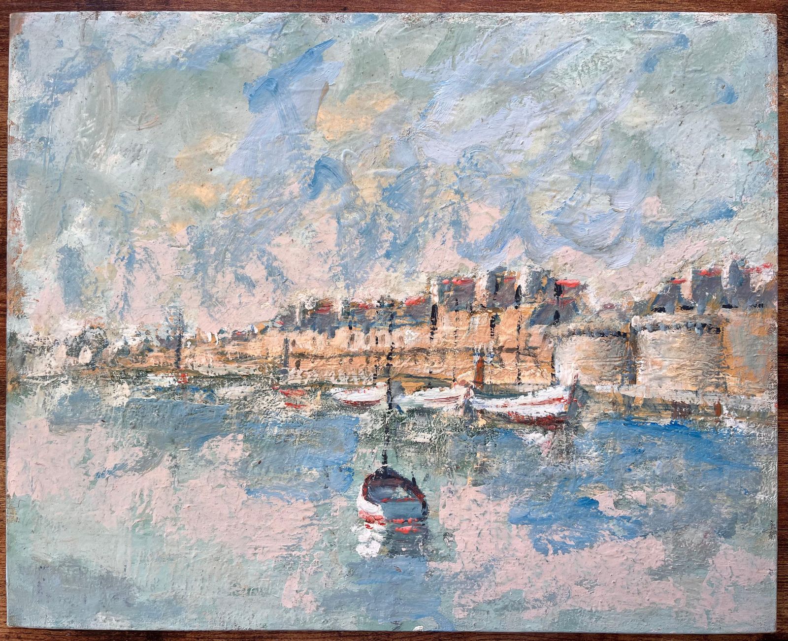 Fanch Lelfrench Coastal Oil Painting Of Moored Boats And Walled Seaside Town In Pastels photo furniture