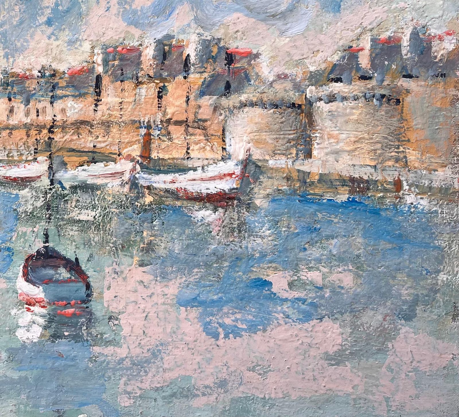 Fanch Lelfrench Coastal Oil Painting Of Moored Boats And Walled Seaside Town In Pastels photo for sale