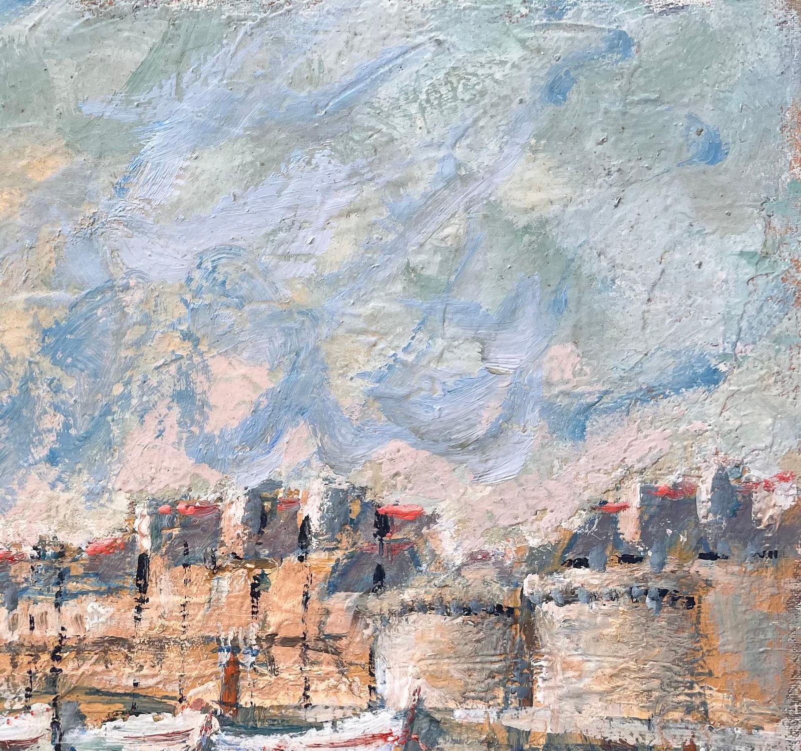 Fanch Lelfrench Coastal Oil Painting Of Moored Boats And Walled Seaside Town In Pastels photo Art
