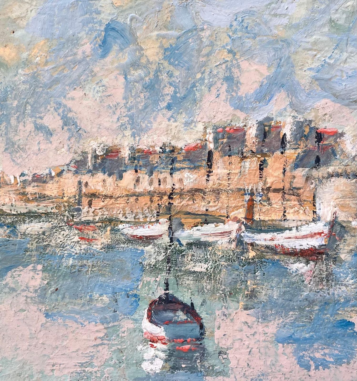Fanch Lelfrench Coastal Oil Painting Of Moored Boats And Walled Seaside Town In Pastels photo buy