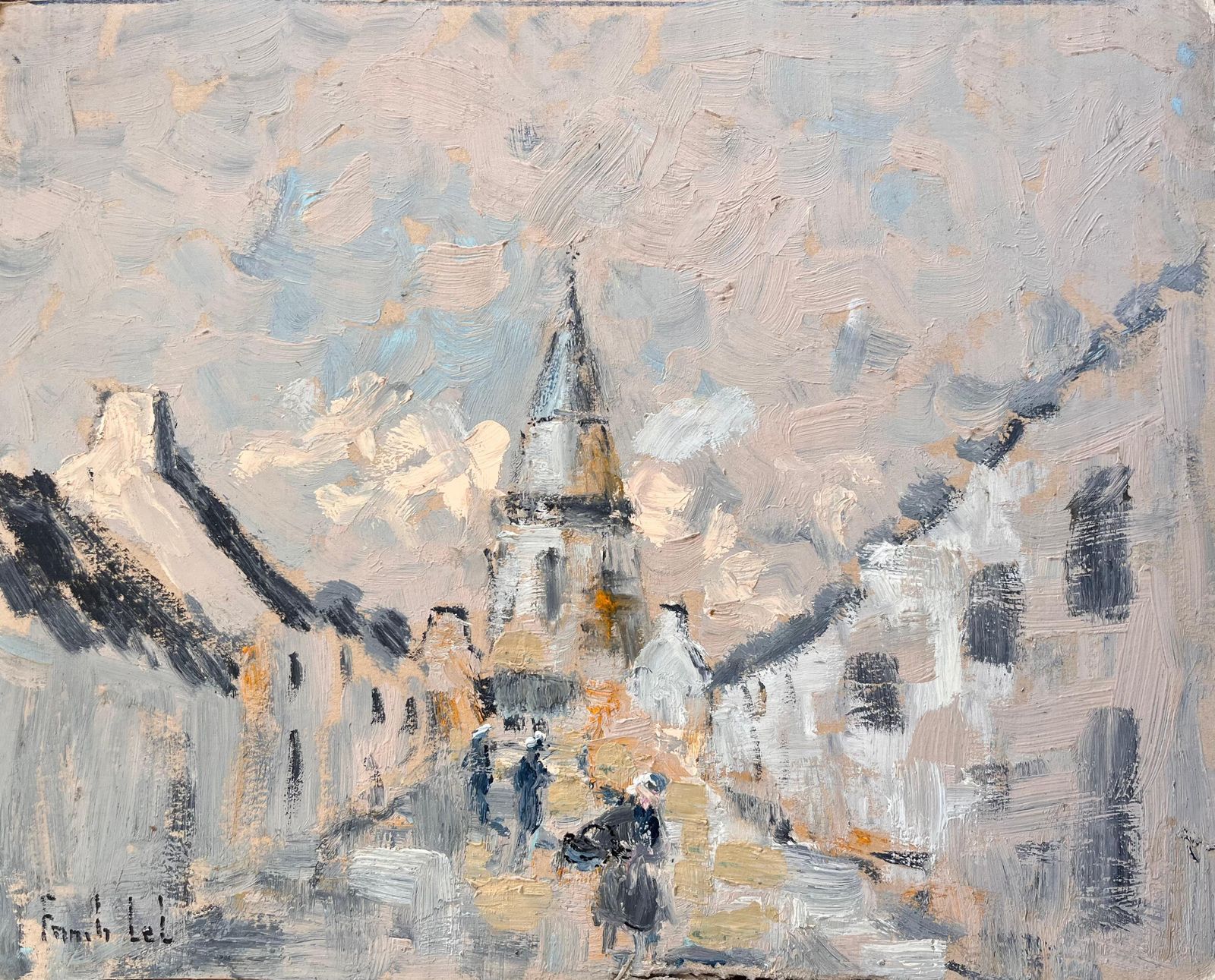 Fanch Lelimpressionist Village Street Scene With Church Tower And Figures In Winter Light