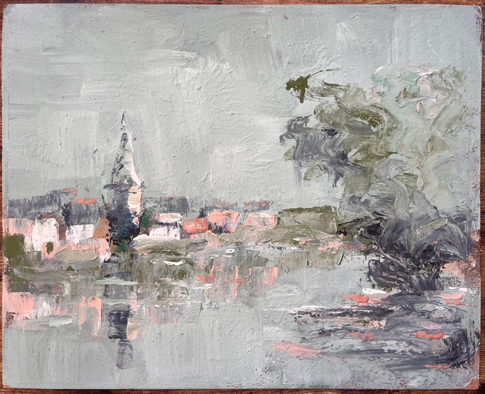 Fanch Lelfrench Village Landscape Oil Painting With Church Spire Reflection And Tree photo furniture