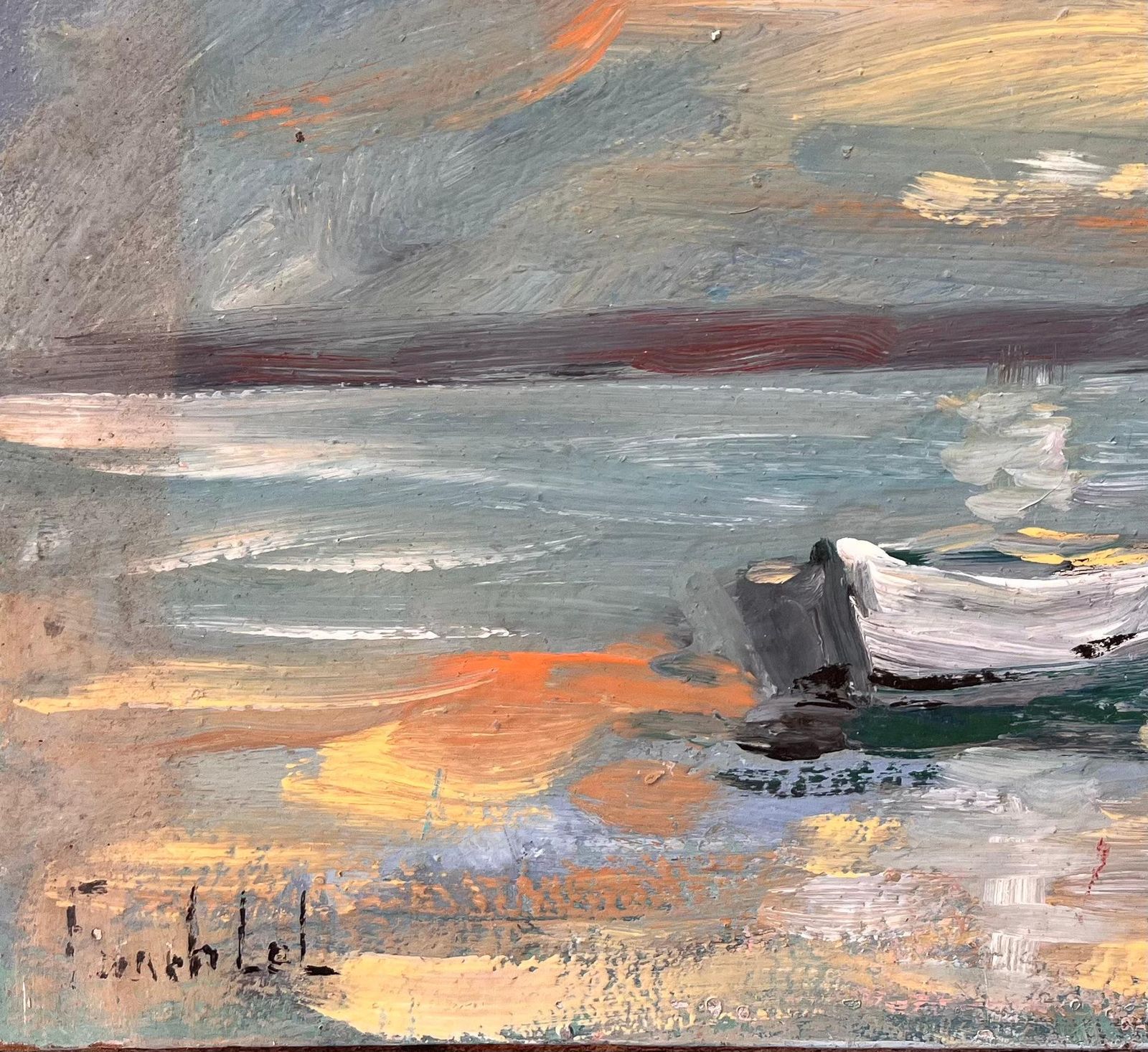 Fanch Lelfrench Coastal Oil Painting Of Small Rowboat At Sea Under Dramatic Sunset Sky photo for sale