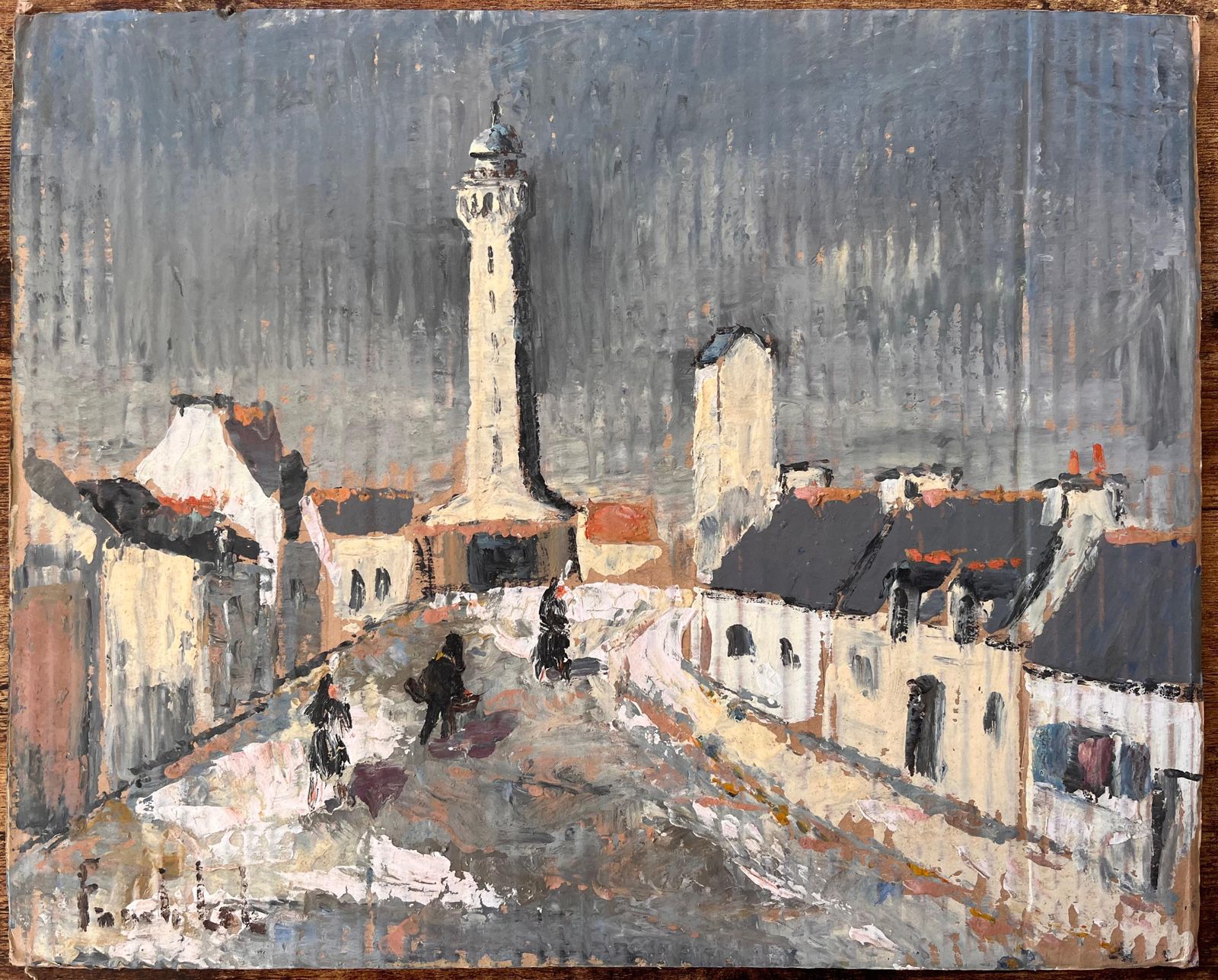 Fanch Lelimpressionist Painting Of French Village Street With Lighthouse And Figures photo furniture