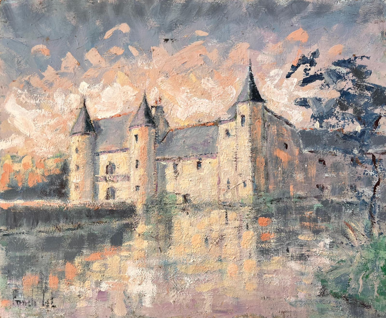 Fanch Lelimpressionist Castle On Lake At Sunset With Reflections And Soft Pastel Sky
