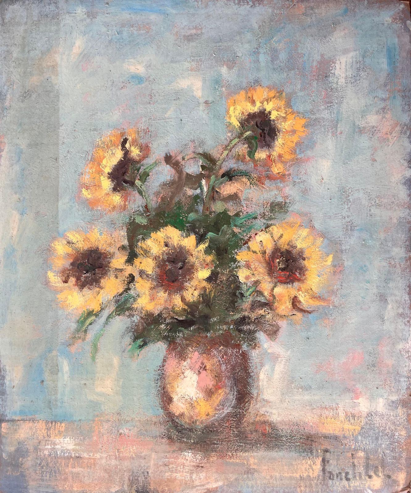 Fanch Lelimpressionist Still Life Of Sunflowers In A Vase With Soft Blue Background