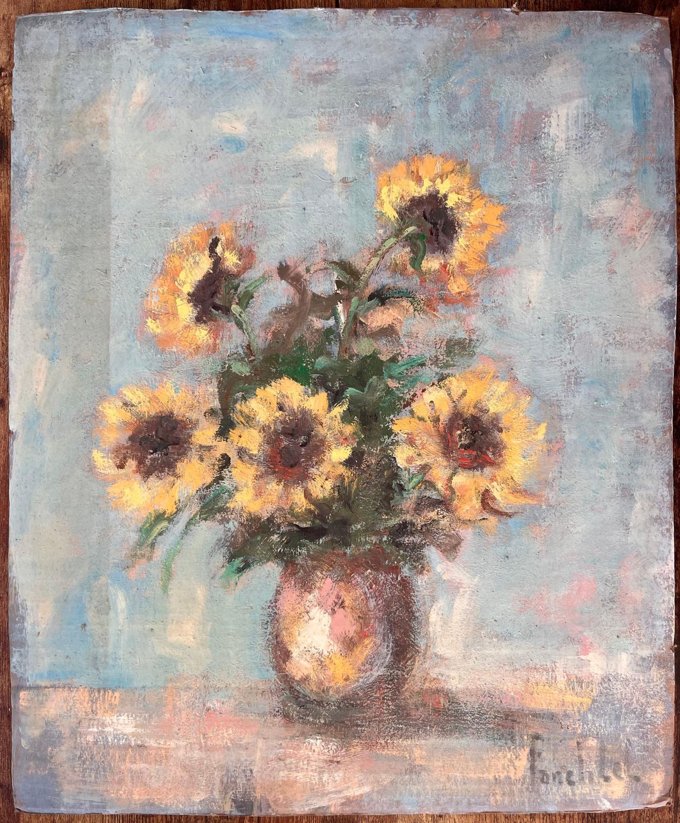 Fanch Lelimpressionist Still Life Of Sunflowers In A Vase With Soft Blue Background photo furniture