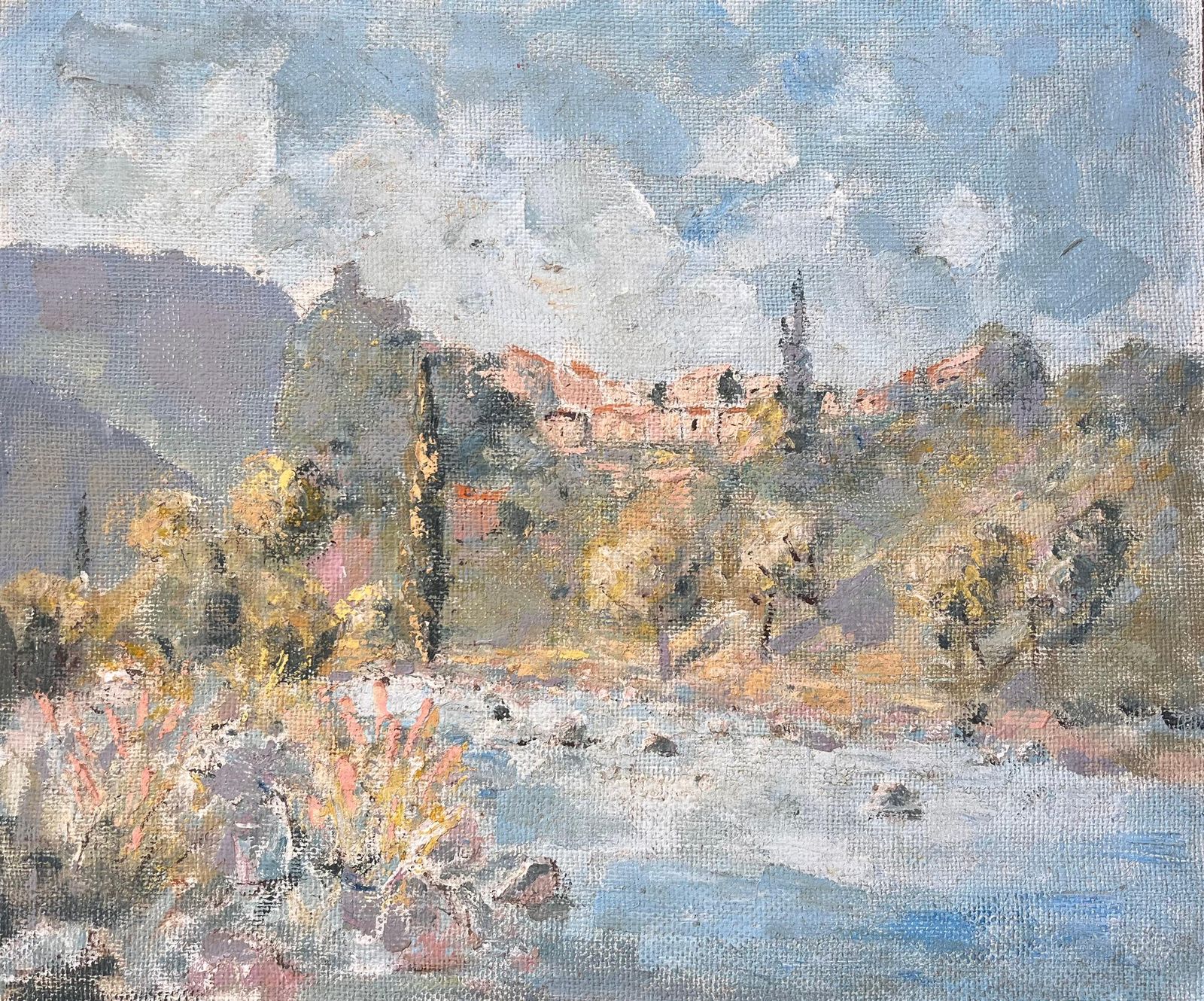 Fanch Lelimpressionist Mountain Village Landscape With River Cypress Trees And Wildflower