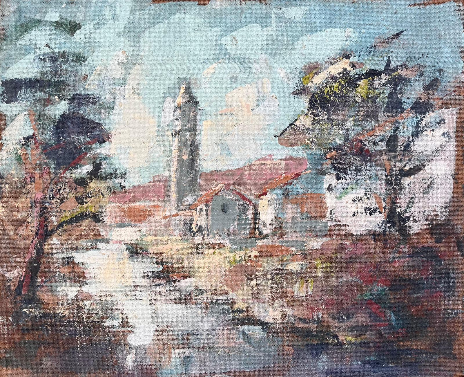 Fanch Lelfrench Village Church Oil Painting With Bell Tower River And Autumn Woodland