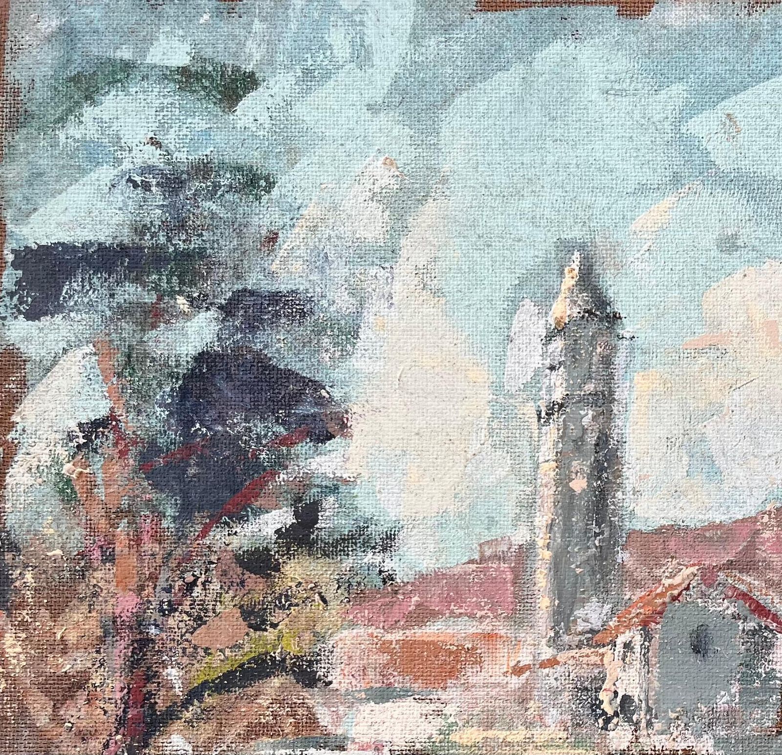 Fanch Lelfrench Village Church Oil Painting With Bell Tower River And Autumn Woodland photo for sale