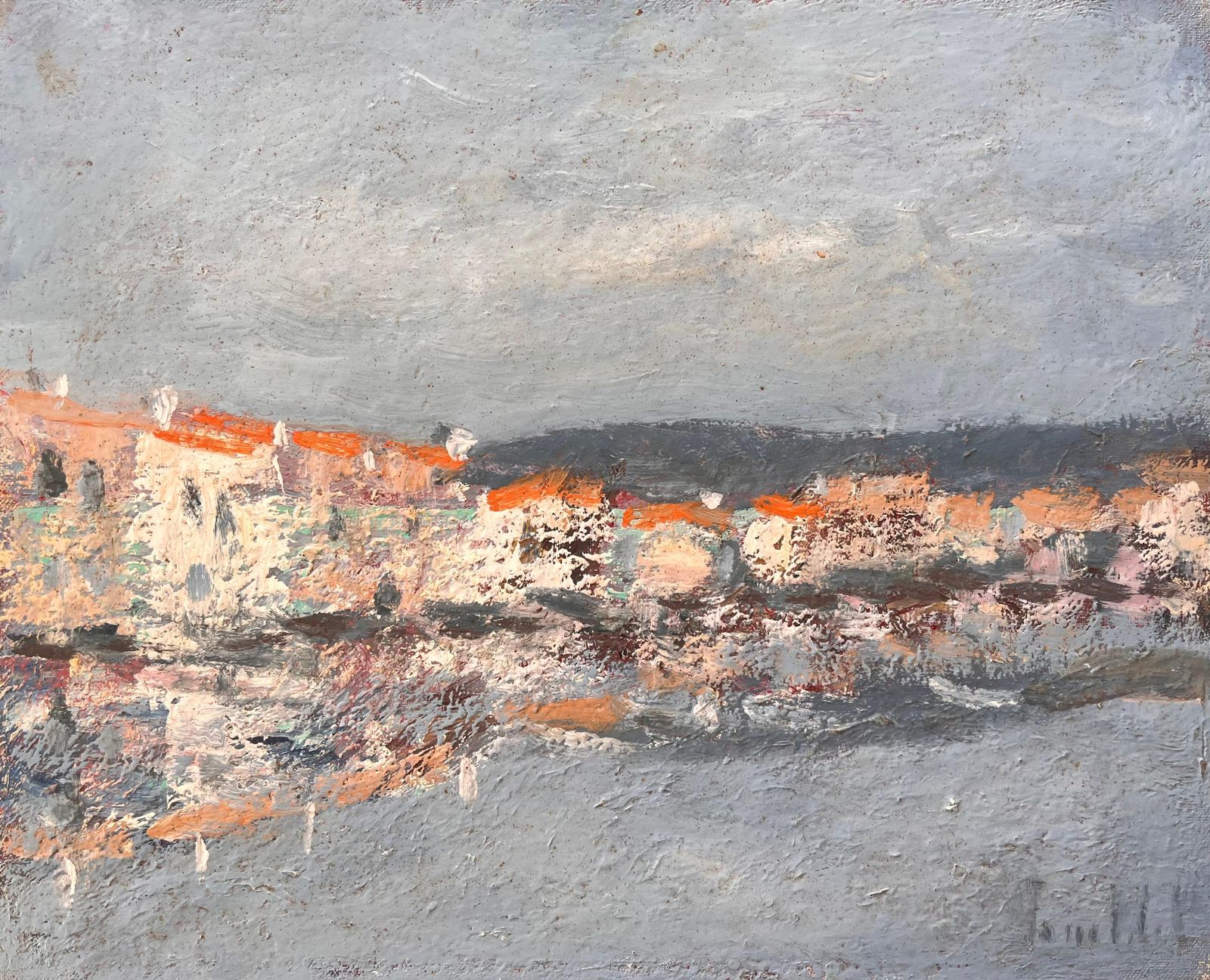 Fanch Lelfrench Coastal Oil Painting Of Seaside Village With Red Roofs Reflected In Water