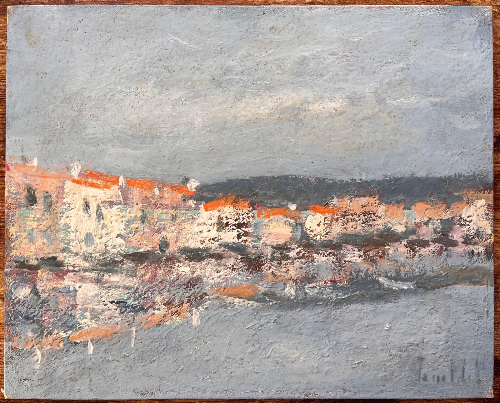 Fanch Lelfrench Coastal Oil Painting Of Seaside Village With Red Roofs Reflected In Water photo furniture