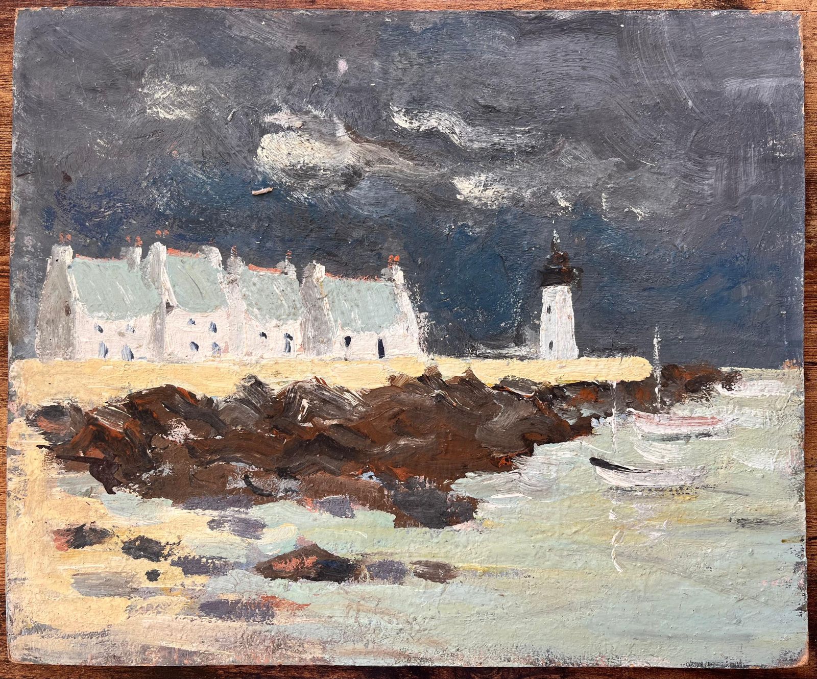 Fanch Lelfrench Coastal Oil Painting Of Lighthouse Cottages Rocky Shore And Stormy Sky photo furniture