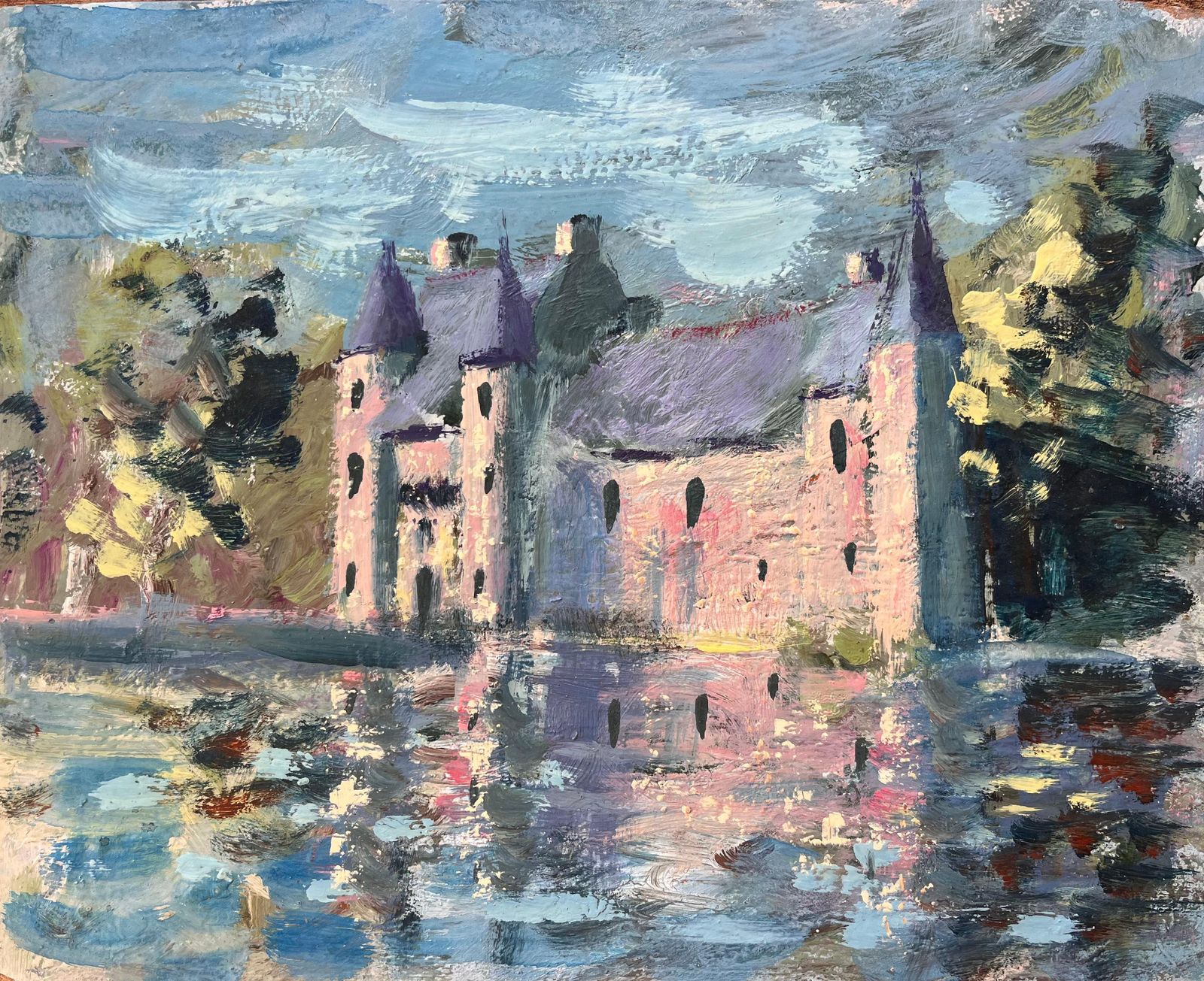 Fanch Lelfrench Château Landscape Oil Painting With Reflection In Lake And Turreted Tower