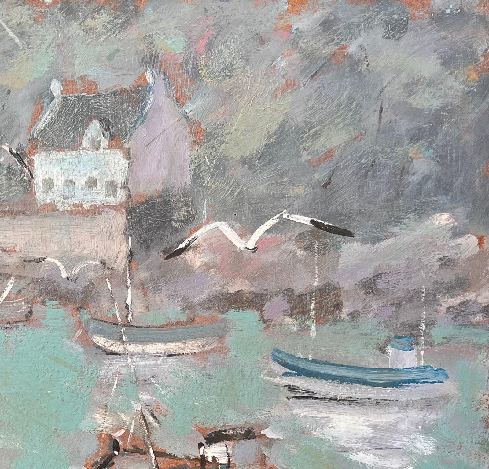 Fanch Lelimpressionist Boats In Seaside Harbour With Gulls And Misty Coastal Village1999 photo 760.0
