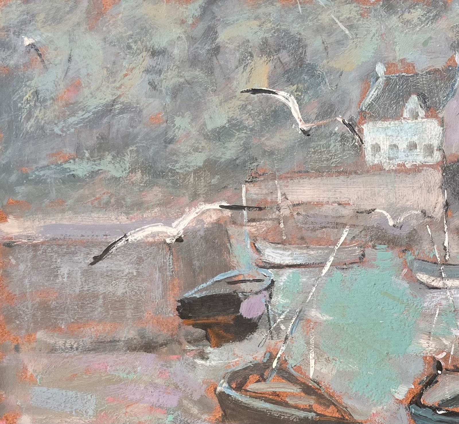 Fanch Lelimpressionist Boats In Seaside Harbour With Gulls And Misty Coastal Village1999 photo vinterior
