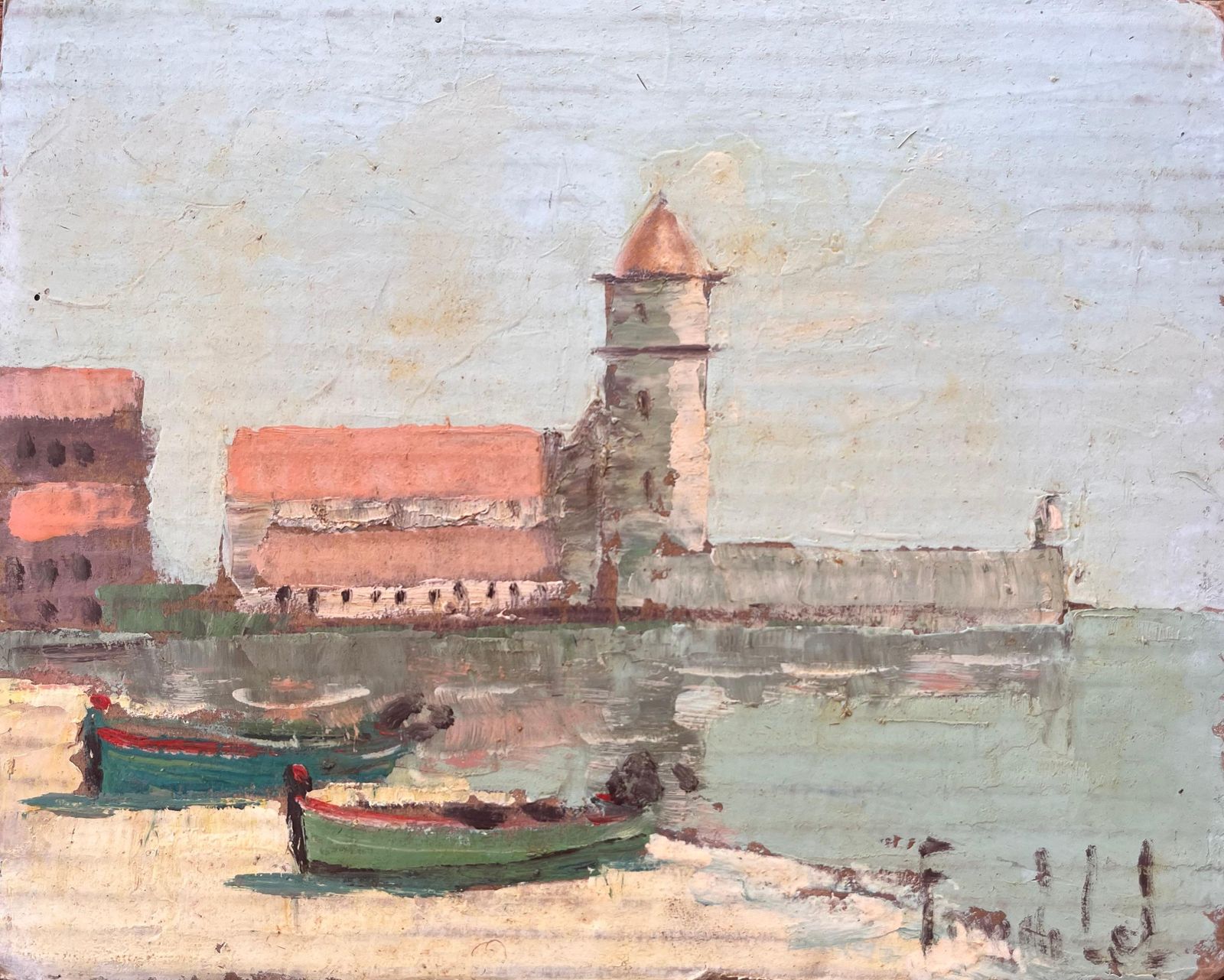 Fanch Lelimpressionist French Coastal Village With Bell Tower Boats And Buildings