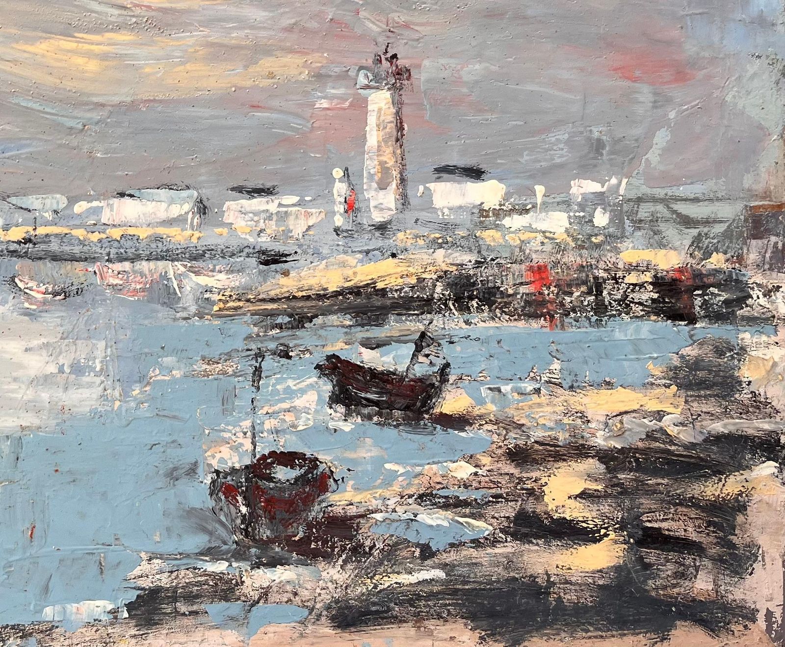 Fanch Lelfrench Harbour Oil Painting Of Boats Lighthouse And Rocky Shoreline At Low Tide1986 photo for sale