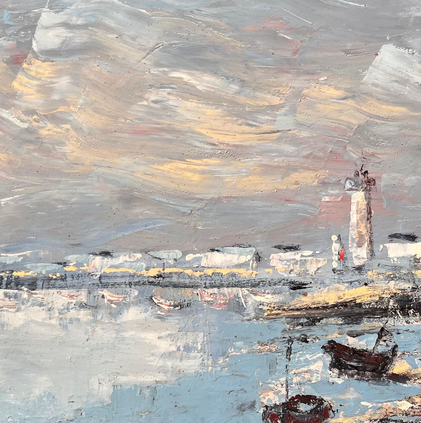 Fanch Lelfrench Harbour Oil Painting Of Boats Lighthouse And Rocky Shoreline At Low Tide1986 photo buy