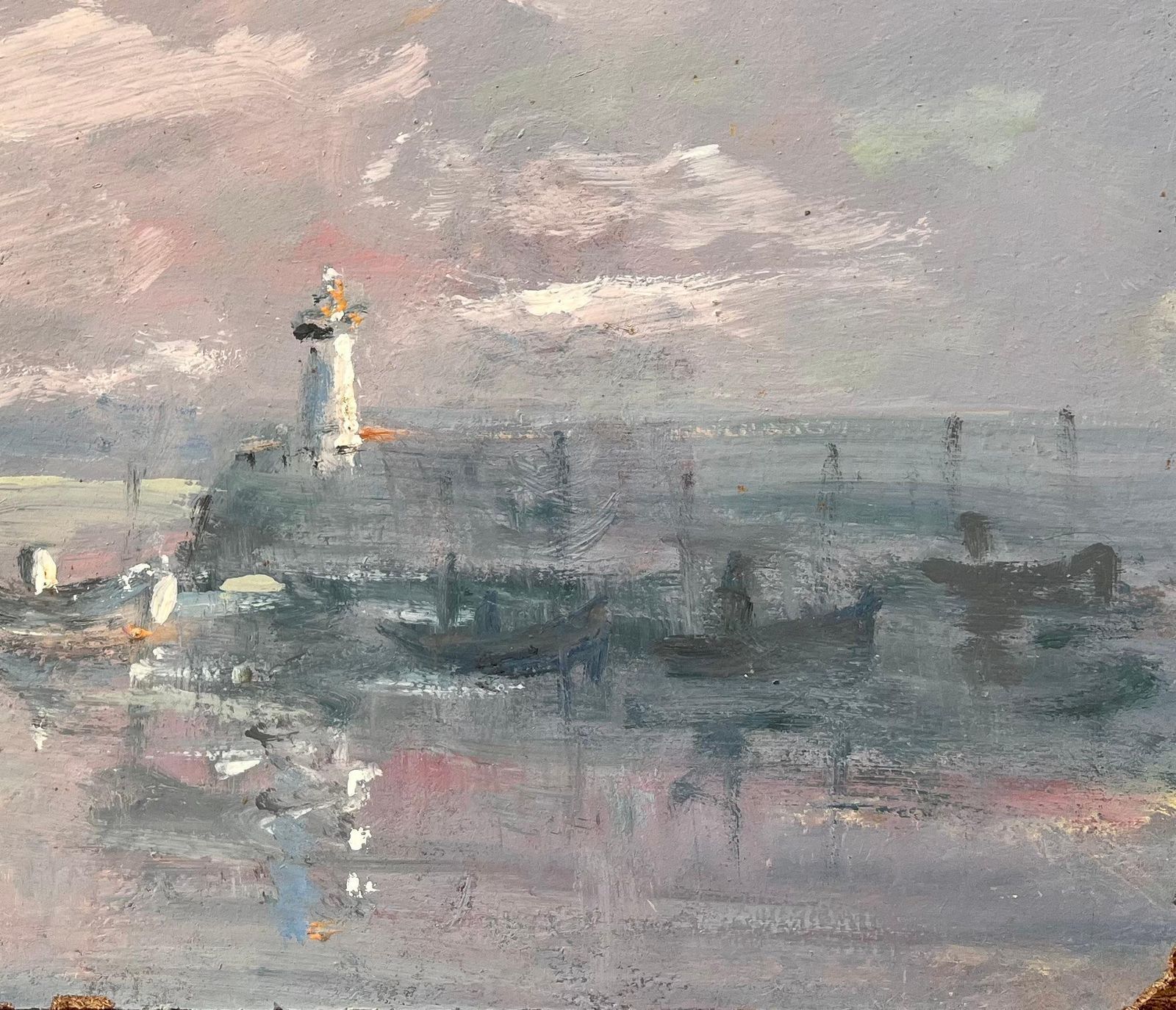 Fanch Lelfrench Coastal Oil Painting Of Lighthouse And Fishing Boats At Le Port D’étaples1985 photo for sale