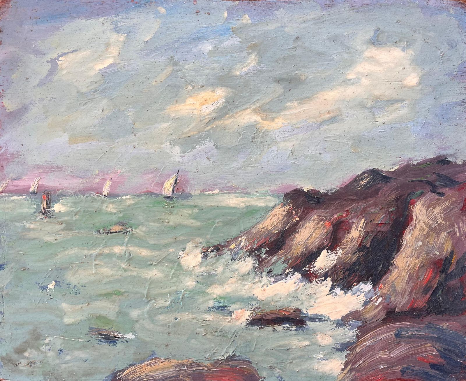 Fanch Lelfrench Impressionist Coastal Scene With Crashing Waves And Sailing Boats