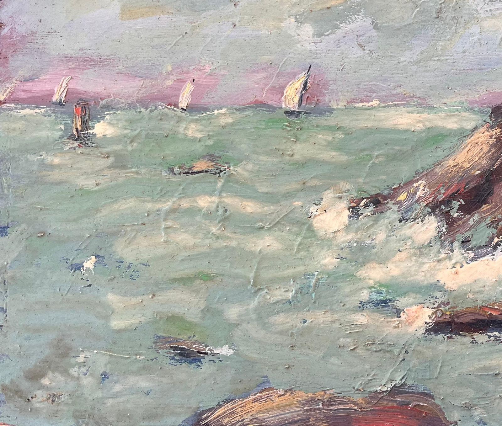 Fanch Lelfrench Impressionist Coastal Scene With Crashing Waves And Sailing Boats photo for sale