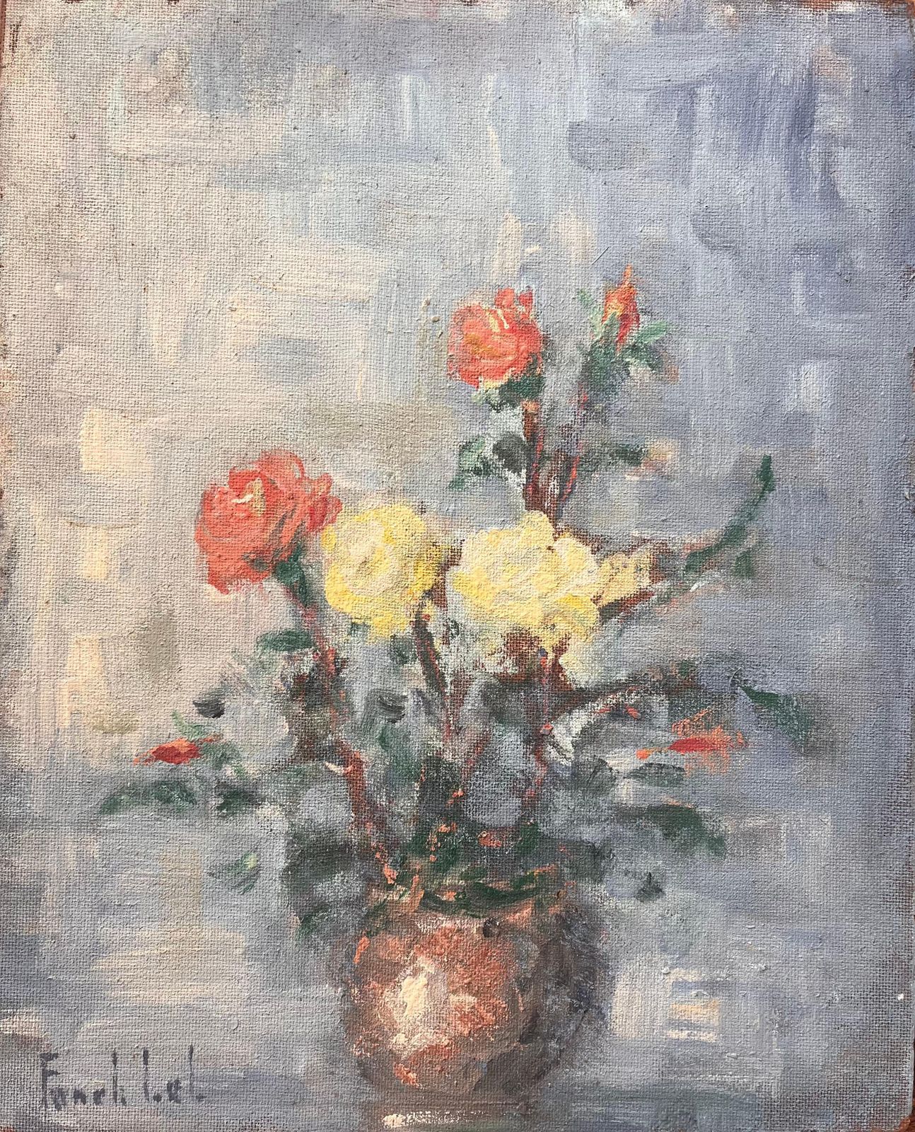 Fanch Lelfrench Impressionist Still Life Of Yellow And Red Roses In Copper Vase