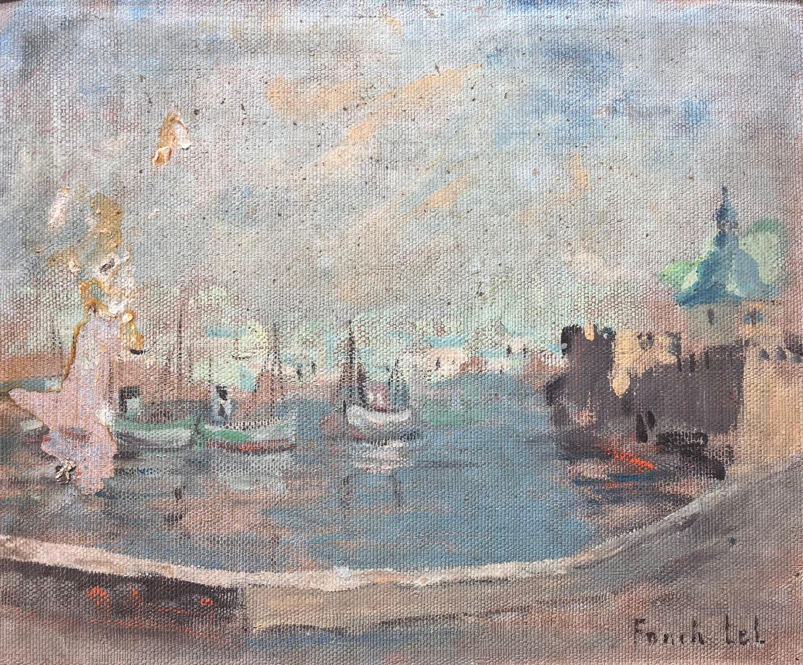 Fanch Lelimpressionist Oil Painting Port Scene With Green Dome And Fishing Boats