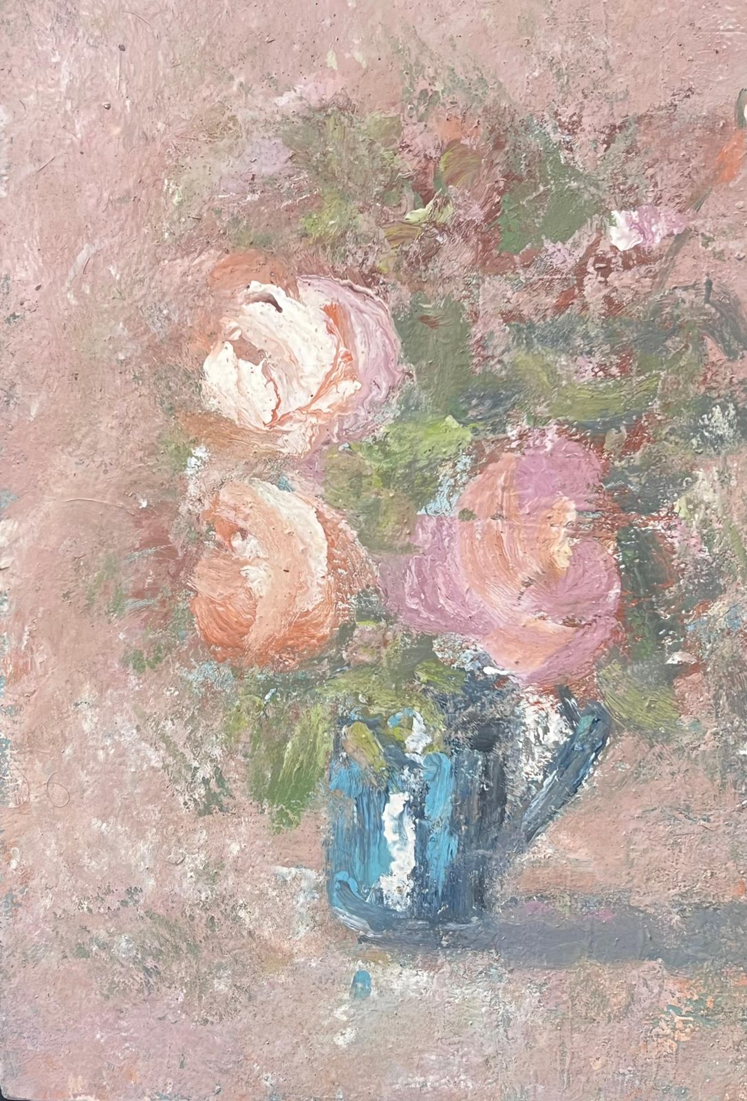 Fanch Lelpink Roses In Blue Vase Interior French Landscape Oil Painting19th Century photo for sale