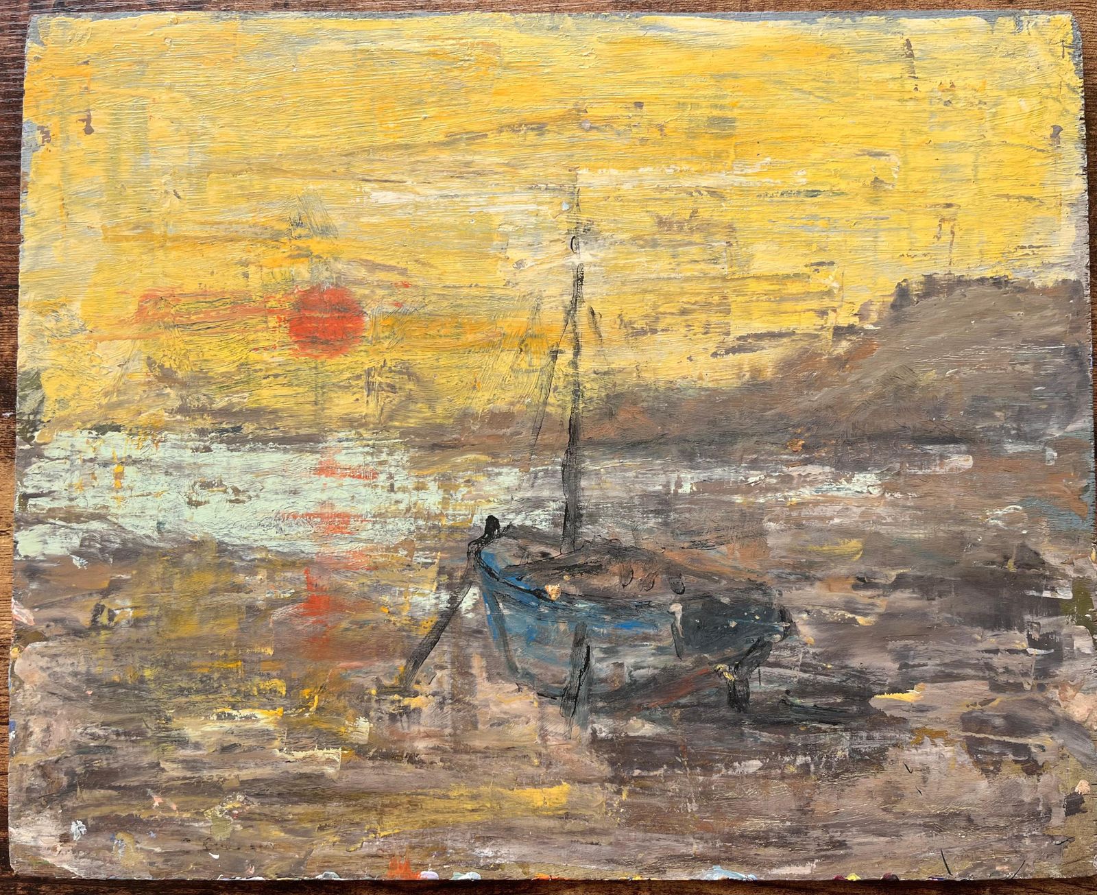 Fanch Lelfrench Impressionist Seascape Of Moored Boat At Sunset With Yellow Sky photo furniture
