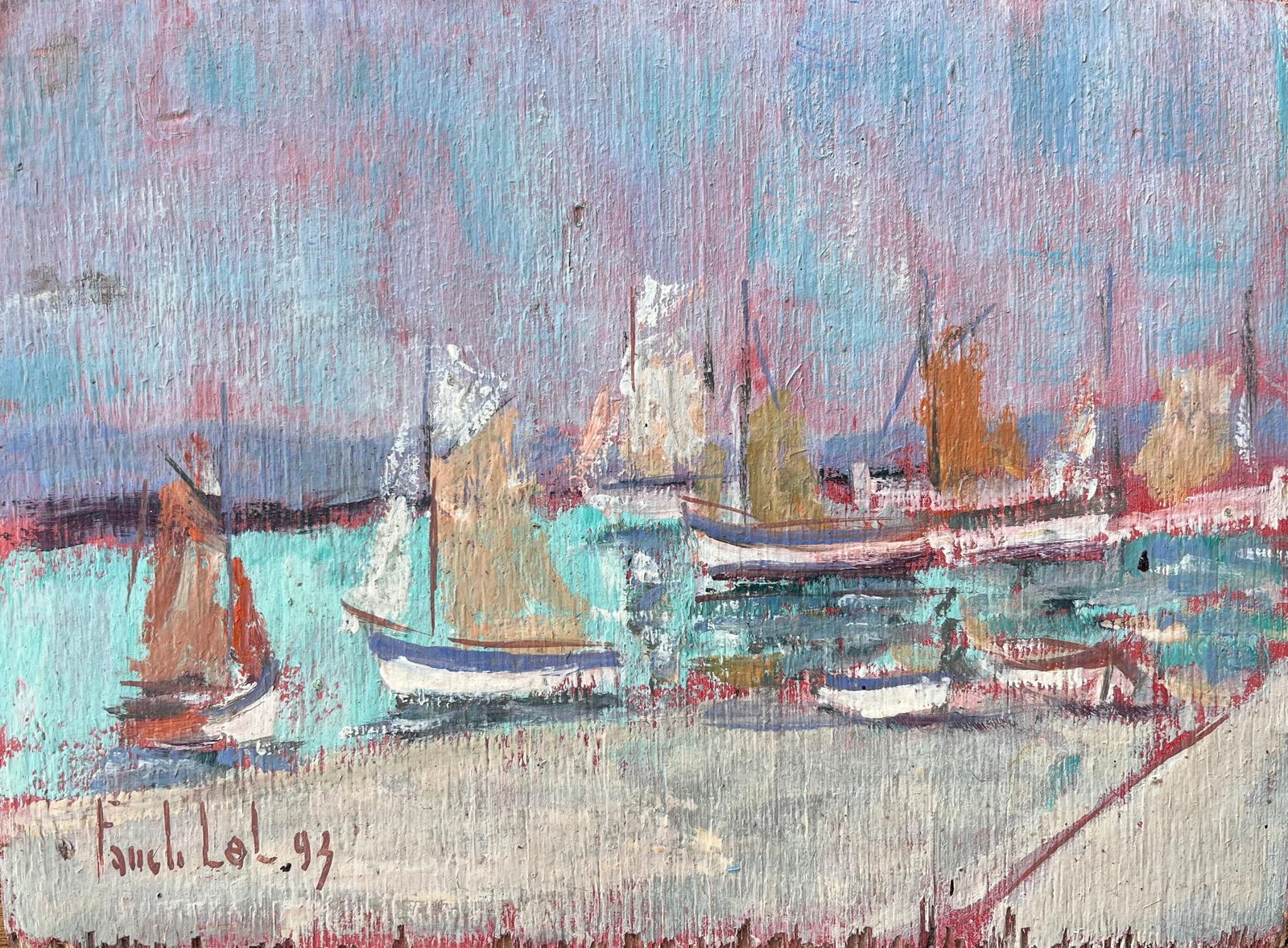 Fanch Lelimpressionist French Port Scene With Colourful Sails And Pink Skies1993