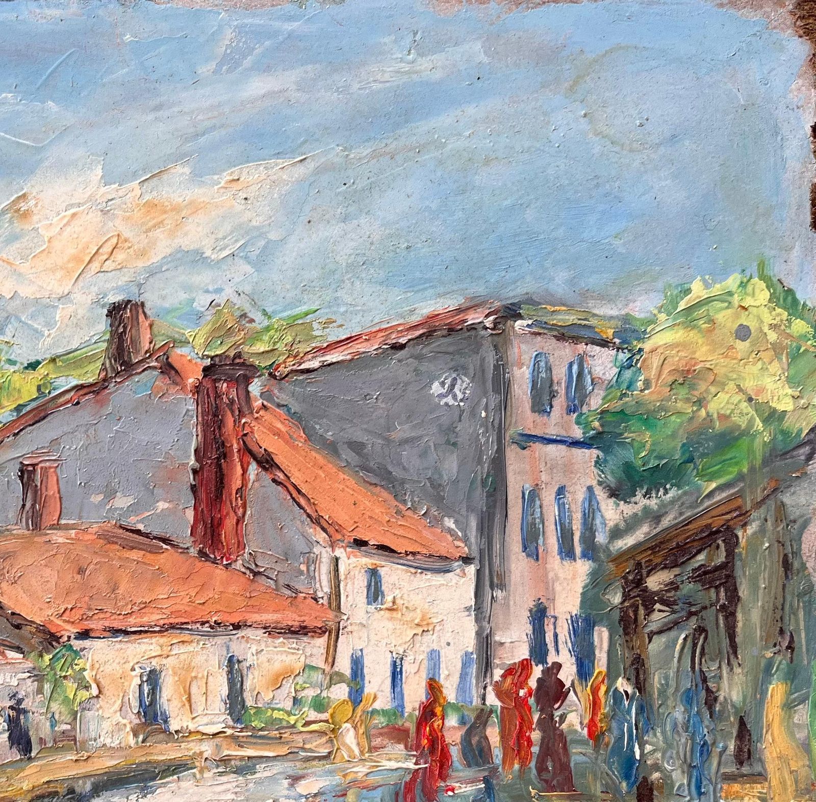 F. Le Layimpressionist French Village Market Scene With Red Roofs And Figures1984 photo 439.0