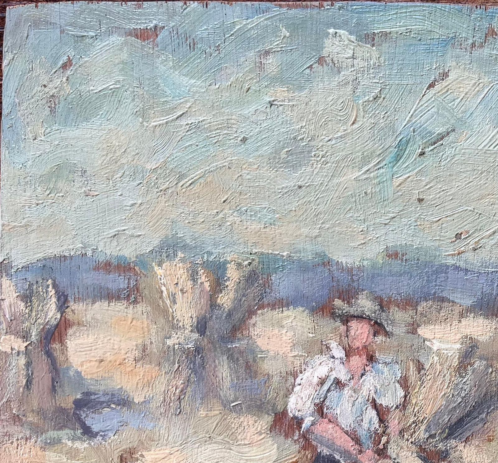 Fanch Lelfrench Impressionist Oil Of Farmers Harvesting Wheat In Morning Light photo vinterior