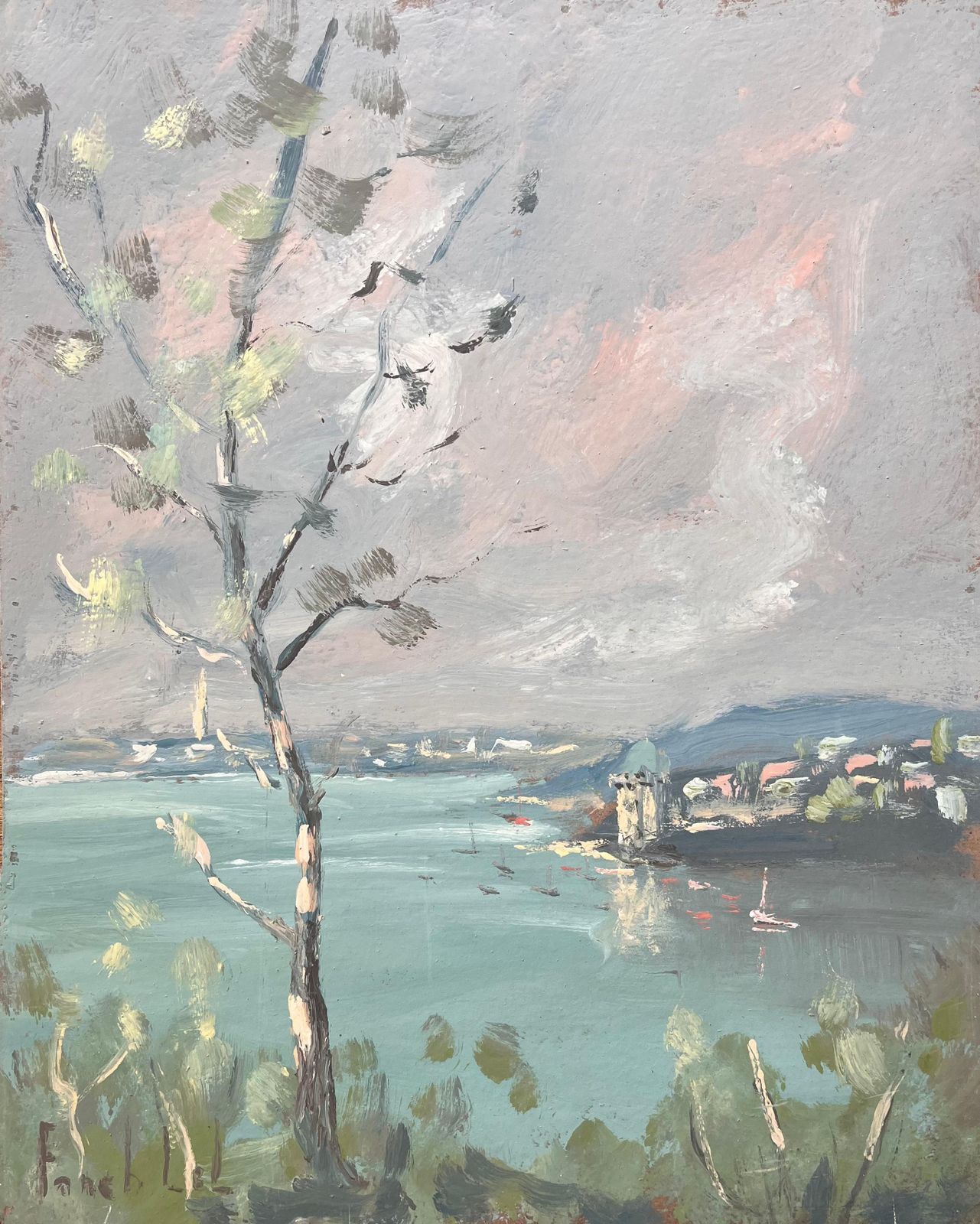 Fanch Lelfrench Impressionist Landscape Of Lakeside Town With Birch Tree And Boats