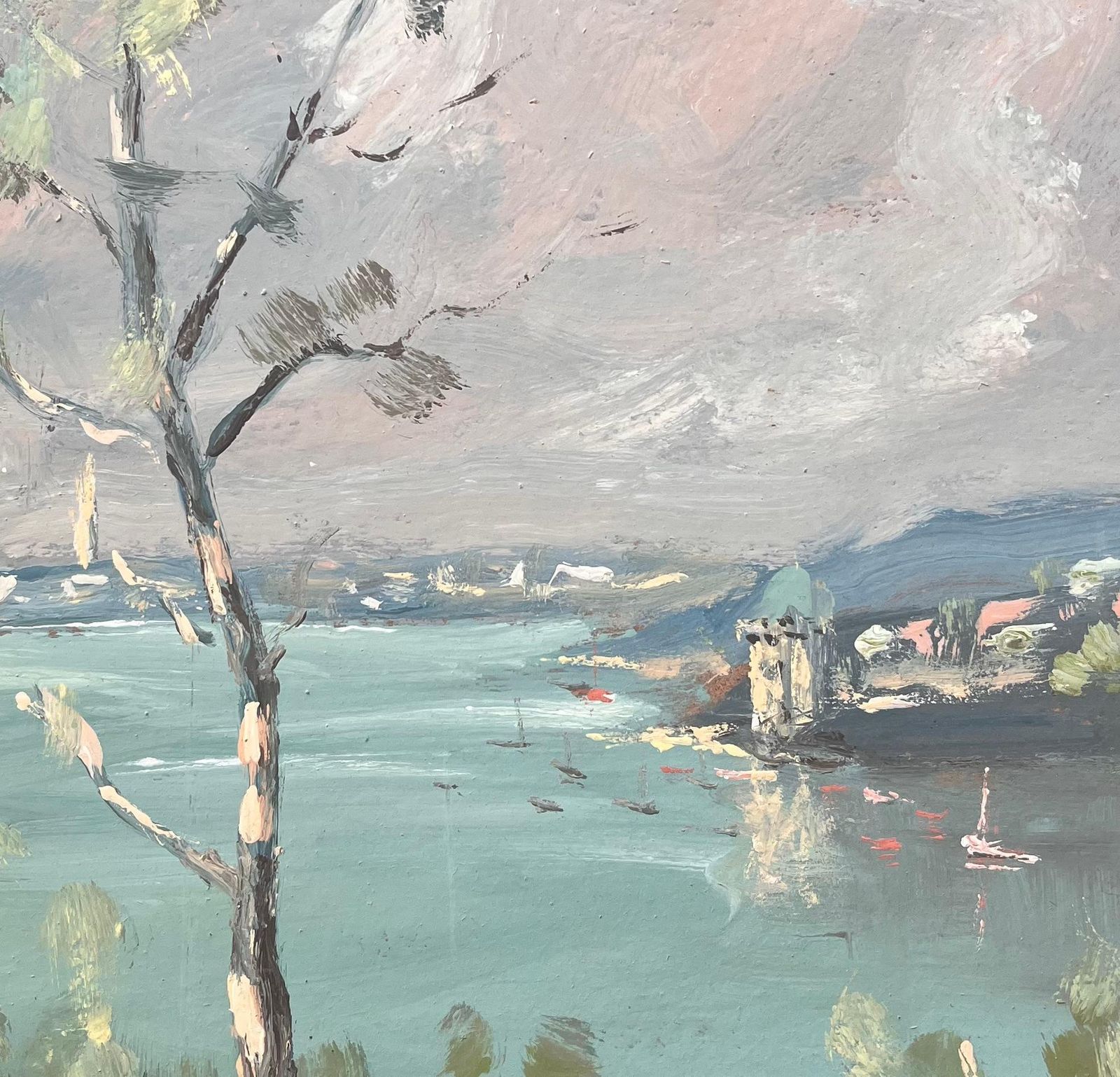 Fanch Lelfrench Impressionist Landscape Of Lakeside Town With Birch Tree And Boats photo buy