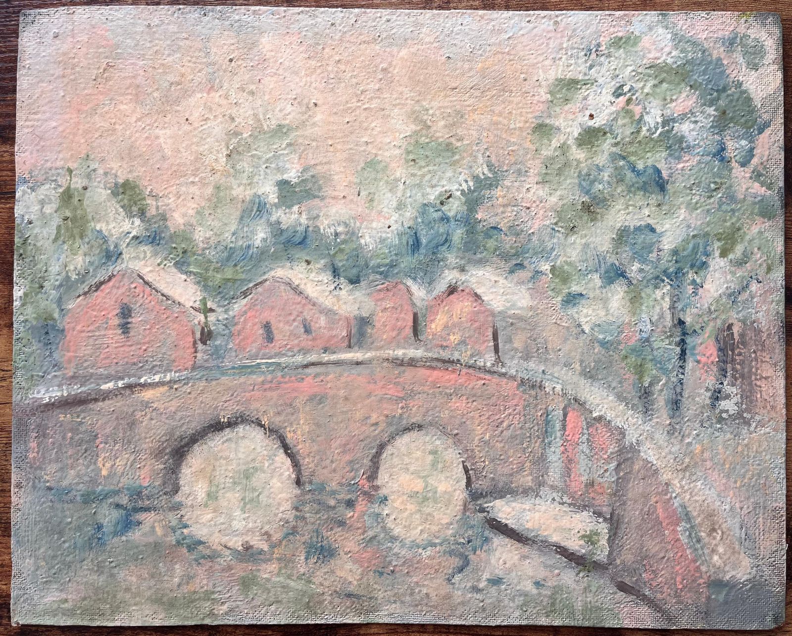 Fanch Lelfrench Impressionist Pastel Landscape Of Arched Bridge And Riverside Cottages photo furniture