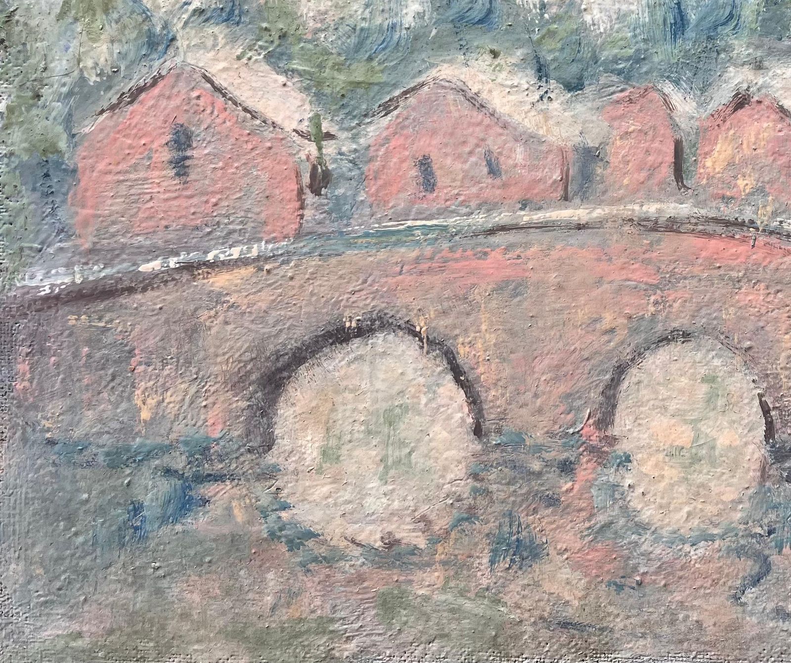 Fanch Lelfrench Impressionist Pastel Landscape Of Arched Bridge And Riverside Cottages photo 530.0