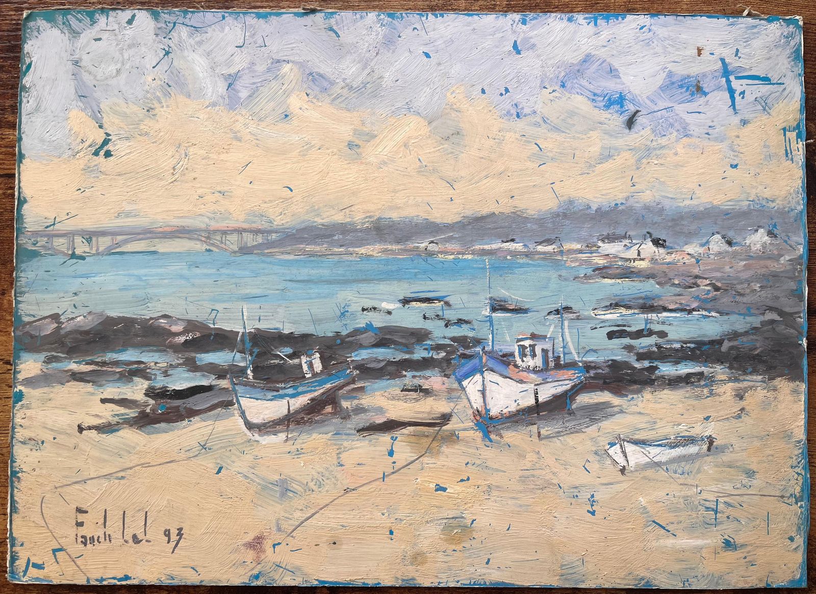 Fanch Lelimpressionist Coastal Scene Of Fishing Boats At Low Tide With Bridge View1993 photo furniture